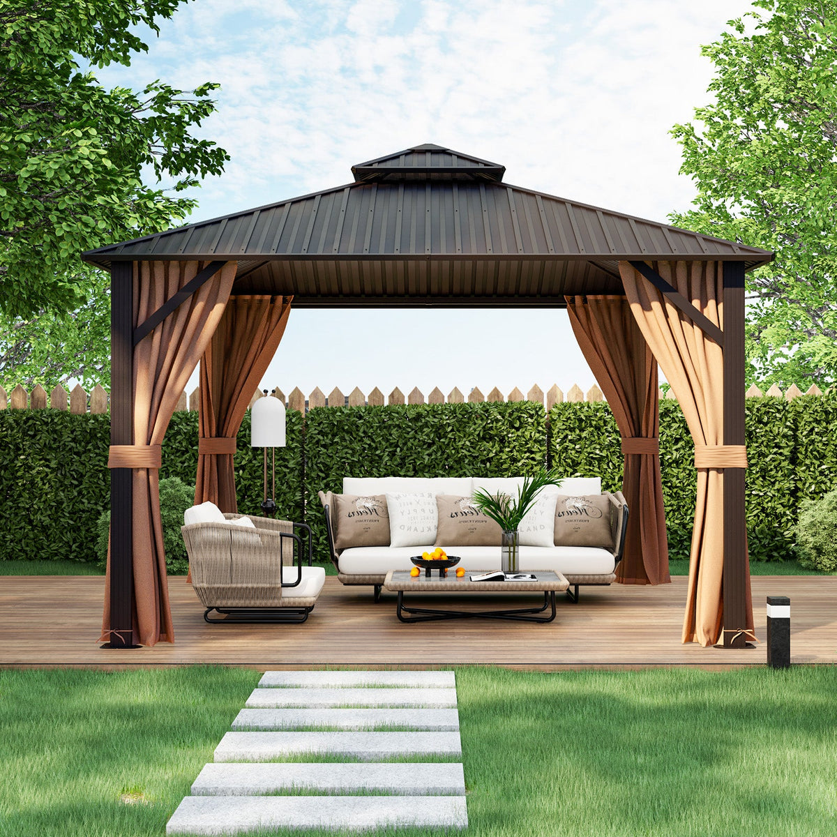12' x 12' Double-Roof Hardtop Gazebo with Curtains & Netting