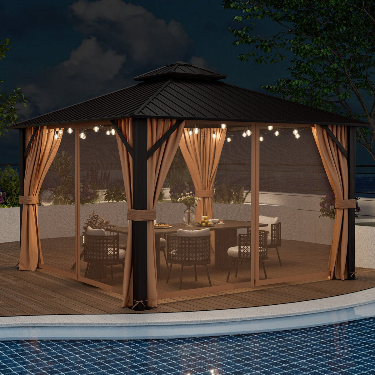 12' x 12' Double-Roof Hardtop Gazebo with Curtains & Netting