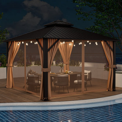 12' x 12' Double-Roof Hardtop Gazebo with Curtains & Netting