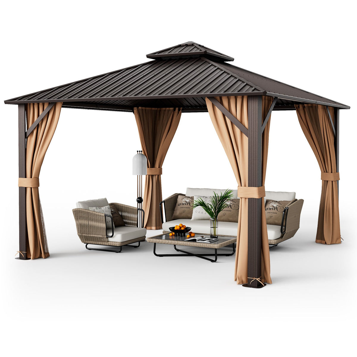 12' x 12' Double-Roof Hardtop Gazebo with Curtains & Netting