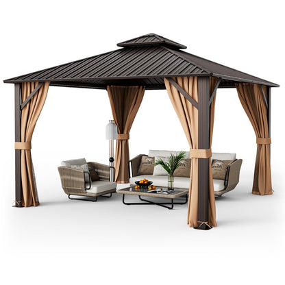 12' x 12' Double-Roof Hardtop Gazebo with Curtains & Netting