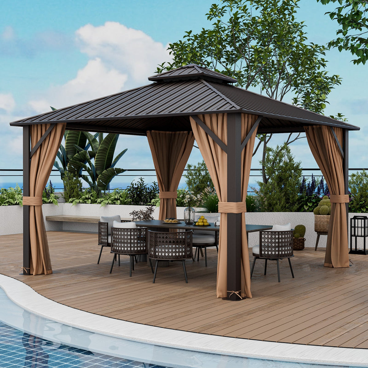 12' x 12' Double-Roof Hardtop Gazebo with Curtains & Netting