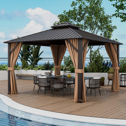 12' x 12' Double-Roof Hardtop Gazebo with Curtains & Netting
